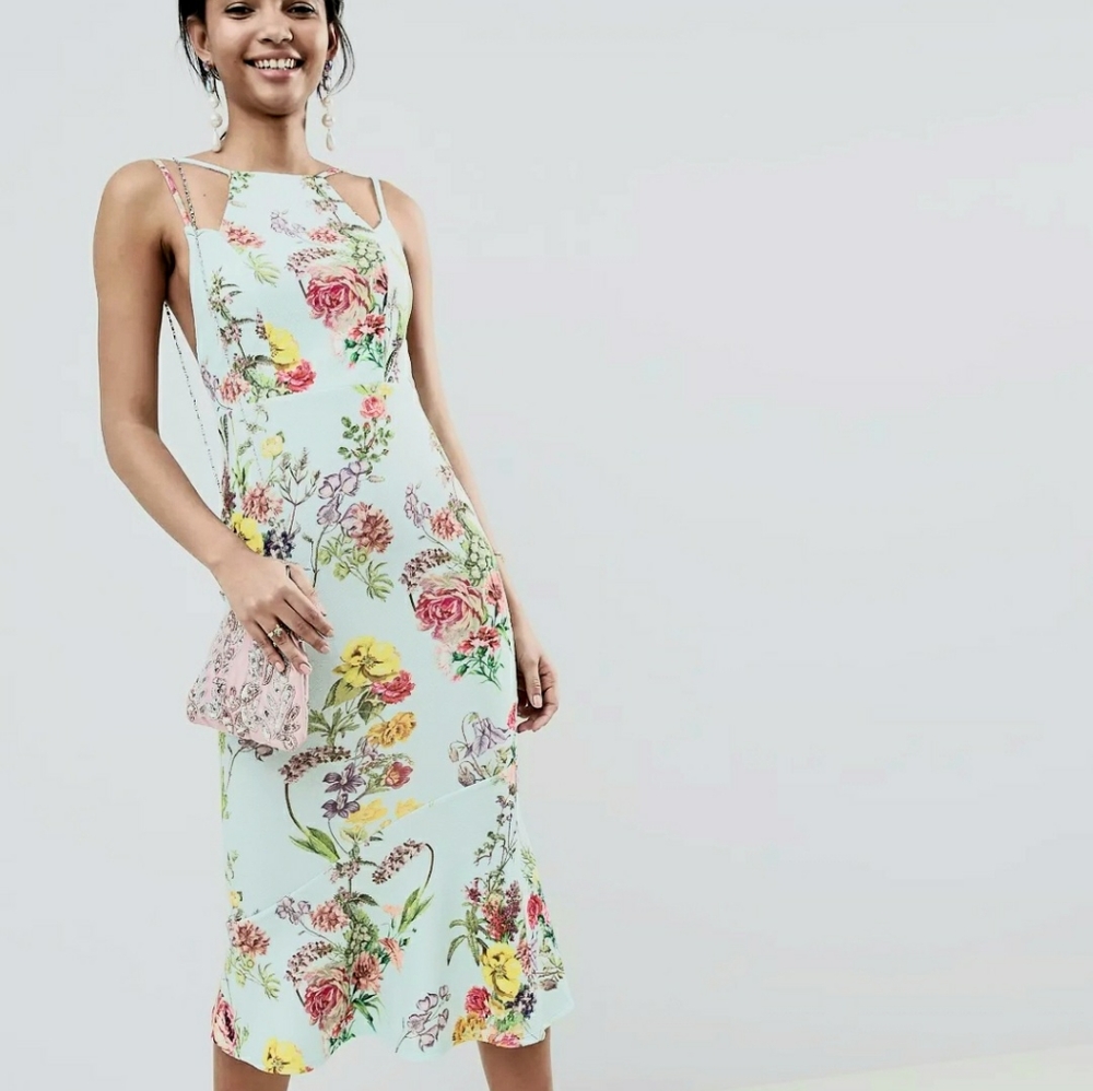 ASOS DESIGN double strap cami floral midi bodycon